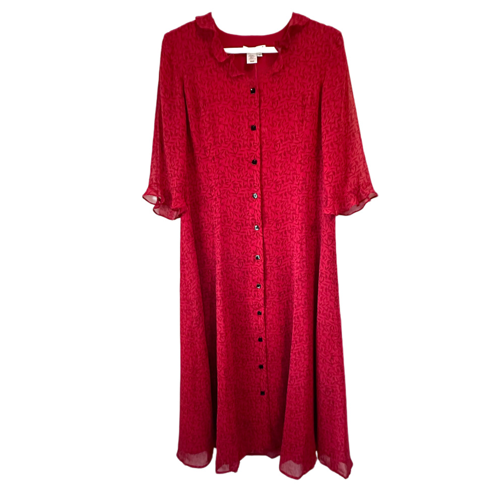 Coldwater Creek Red Silk Print Ruffle 3/4 Sleeve Midi Dress